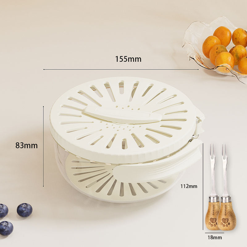 White kitchen strainer with measurements on a light background