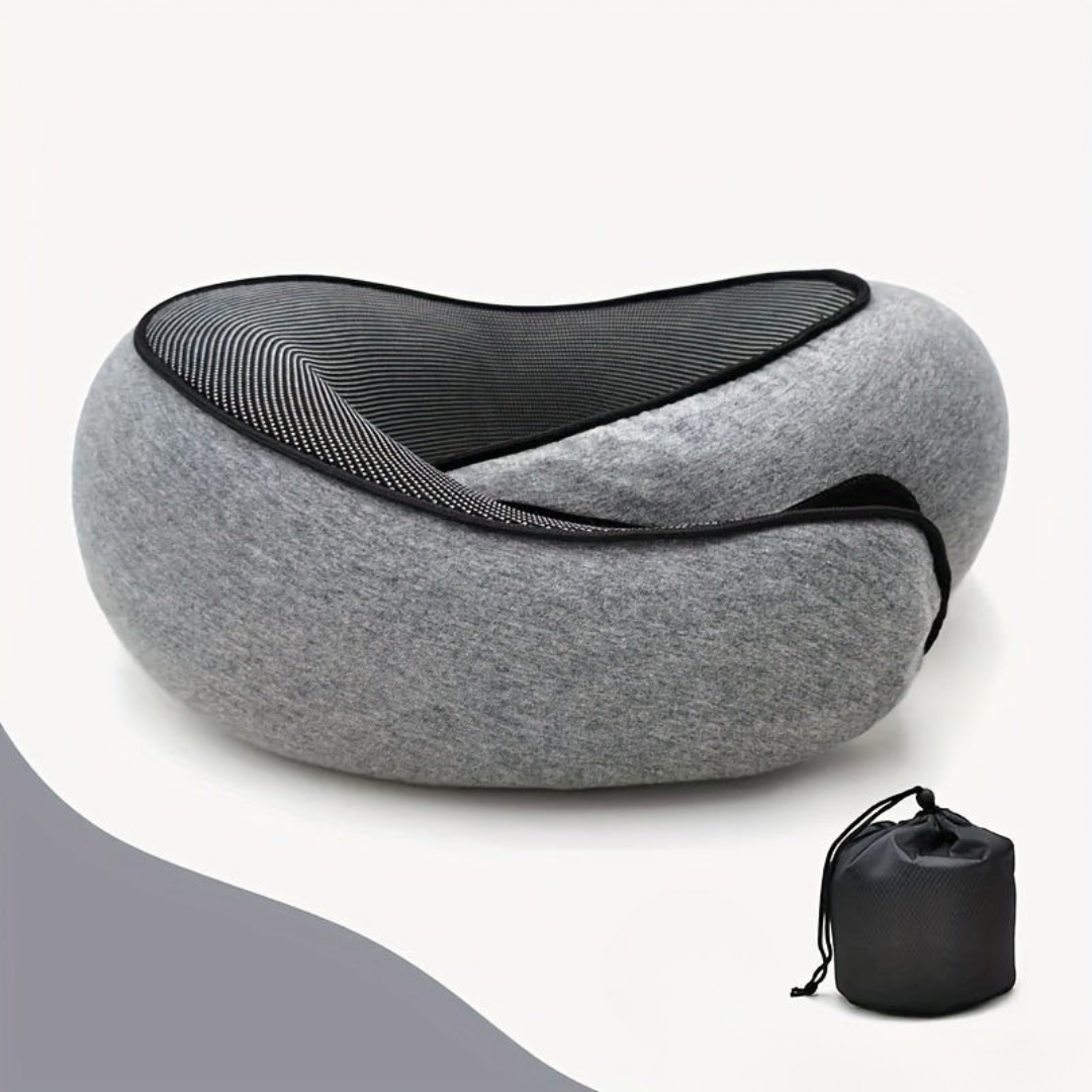 Gray neck pillow with black mesh on a white background