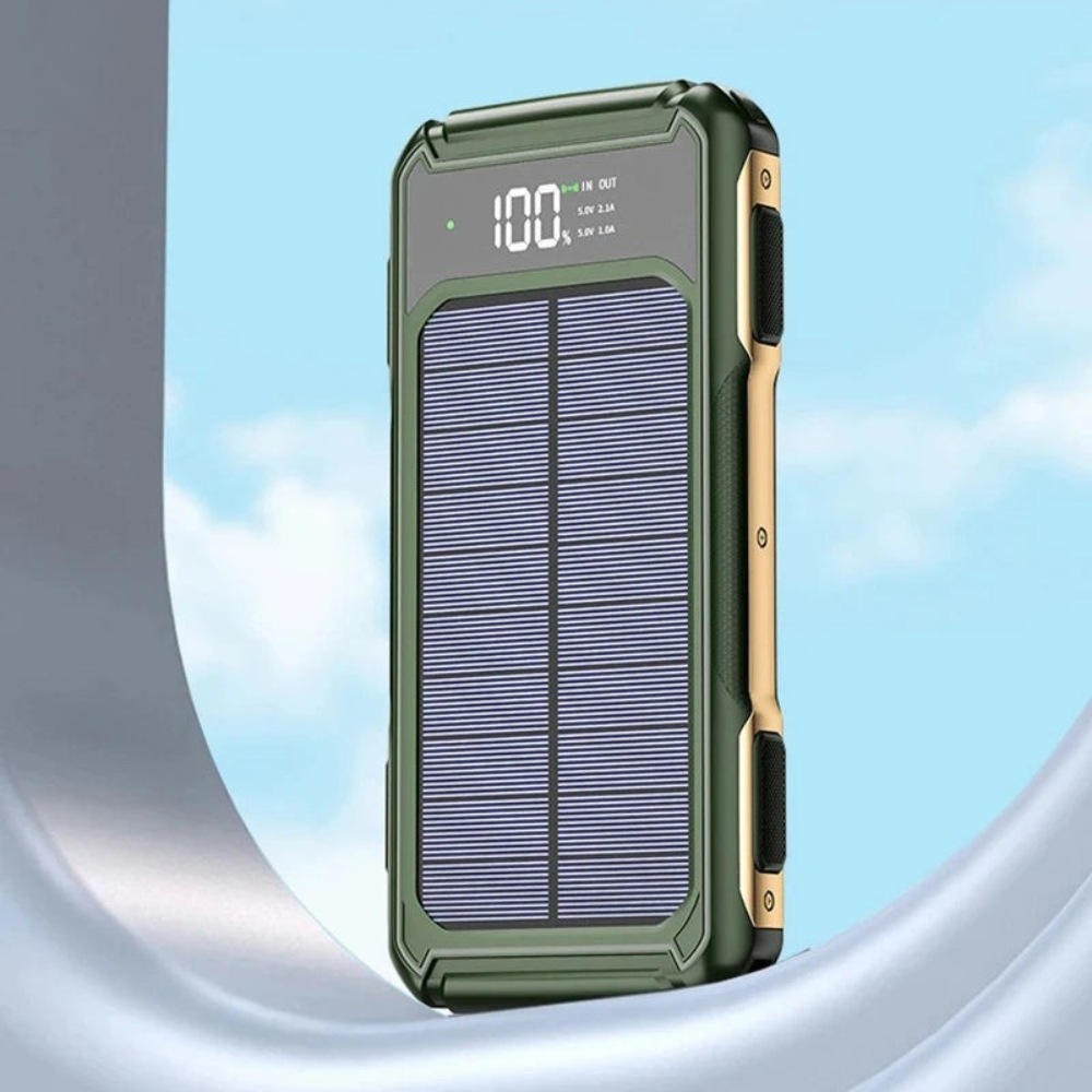 Green solar power bank with digital display on a light blue background