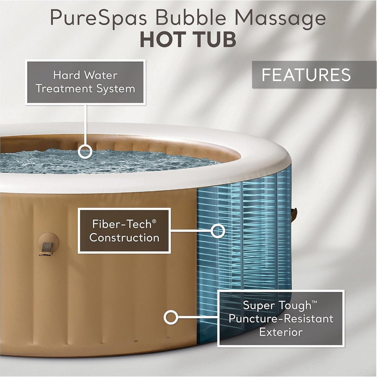 Intex: PureSpa: Sahara Tan Inflatable Hot Tub Set – 6 Person – 85″ Round Outdoor Heated Bubble Spa, Jet Massage, Cover, Hard Water Treatment System