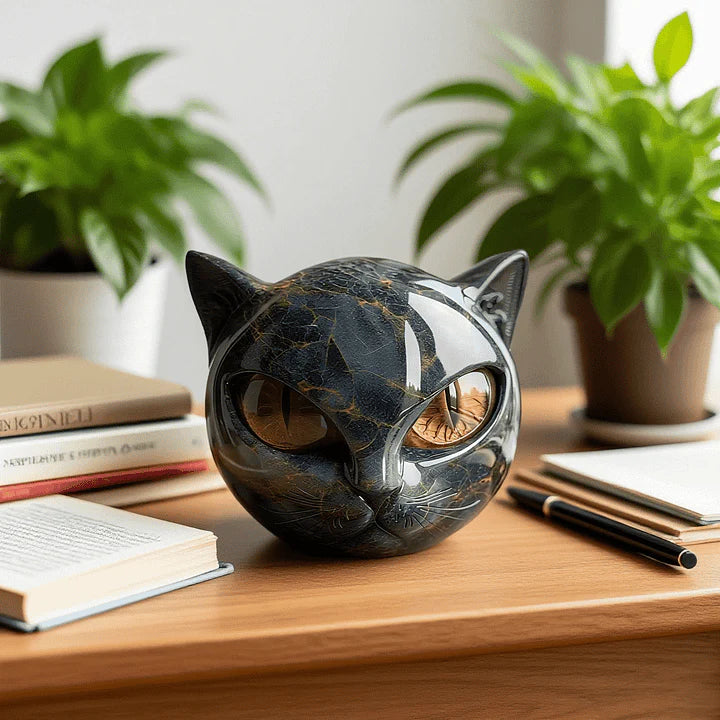 Cat-shaped decorative object on a wooden surface with books and plants in the background