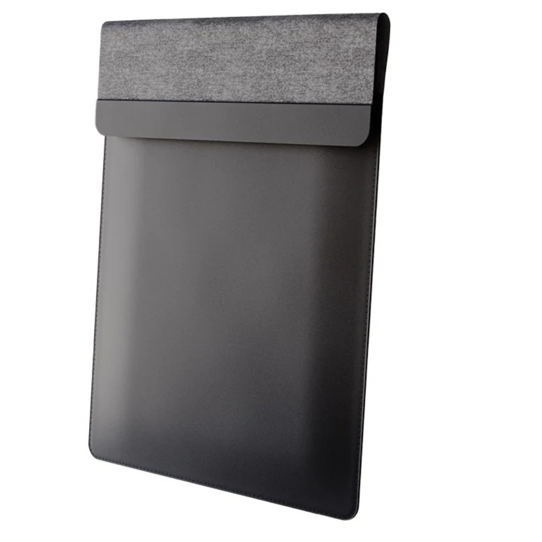 Black laptop sleeve with gray top section on a white background