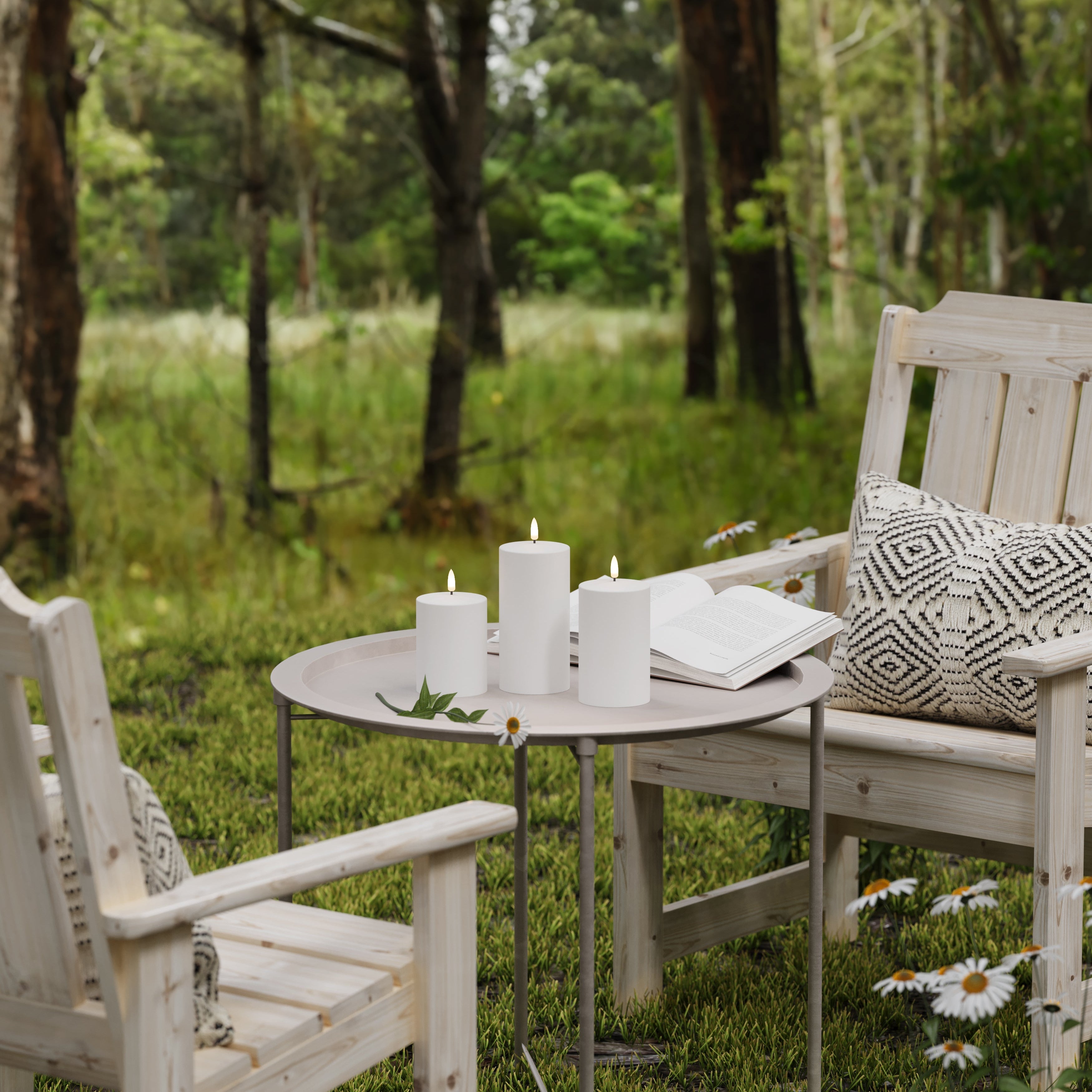 Outdoor setting with wooden chairs and a small table in a forest clearing.