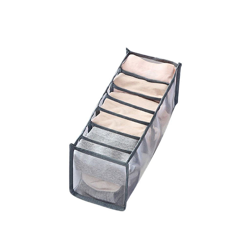 Gray sock organizer with measurements on a white background