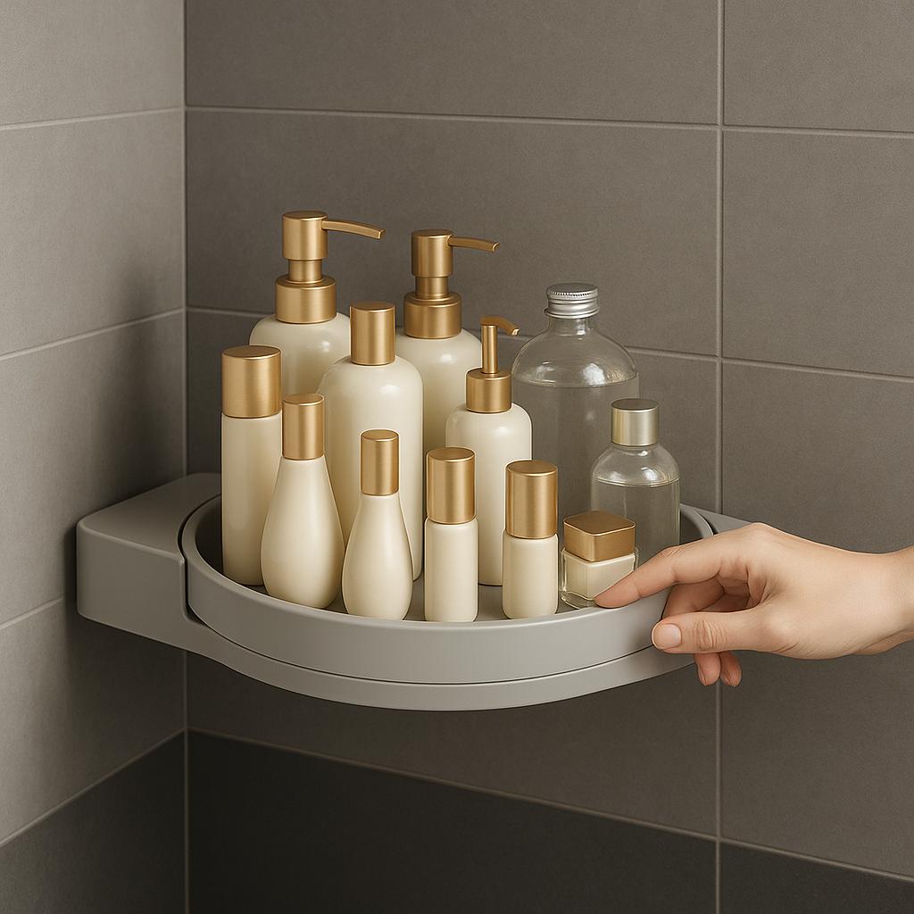 Corner shelf with skincare products against a tiled wall