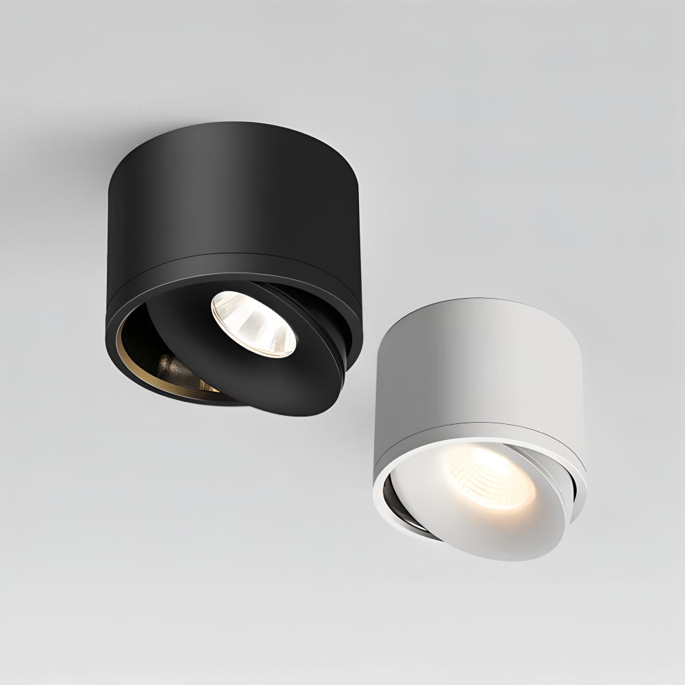 Two cylindrical ceiling lights, one black and one gray, on a light gray background.