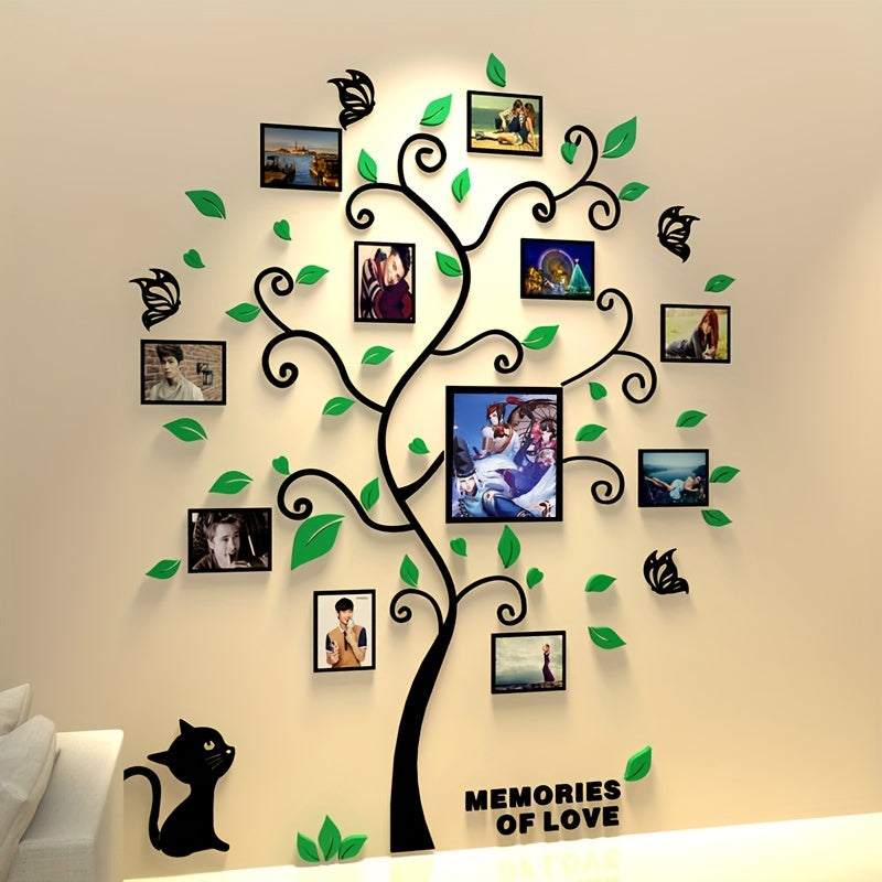 Wall decal of a family tree with photo frames and 'Memories of Love' text on a beige wall.