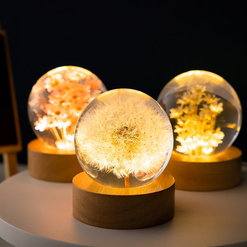 Three glowing spherical lights on wooden bases against a dark background