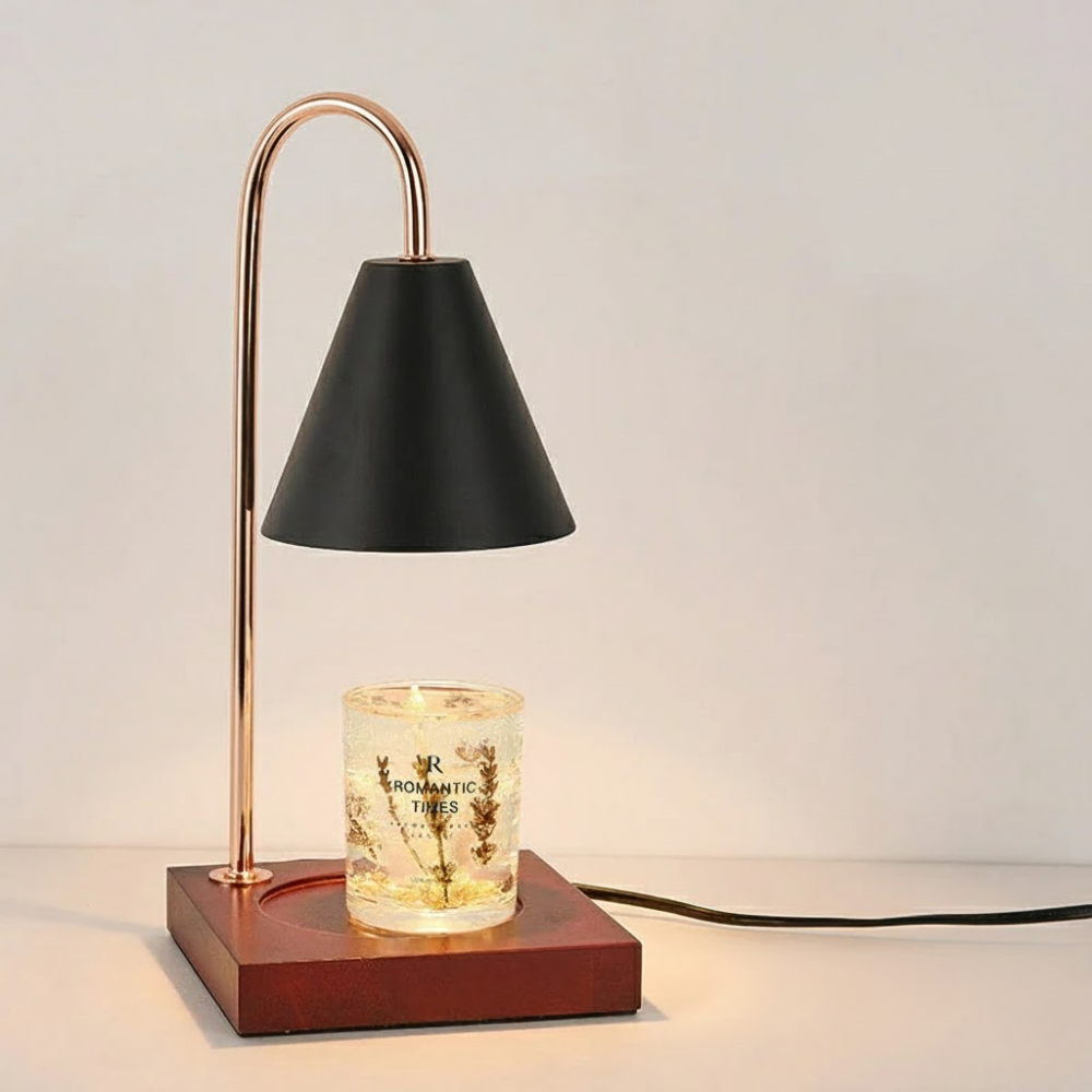 Table lamp with a black shade and wooden base on a neutral background