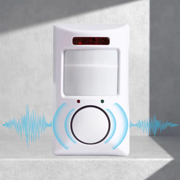 Infrared motion sensor with sound wave graphics on a light gray background
