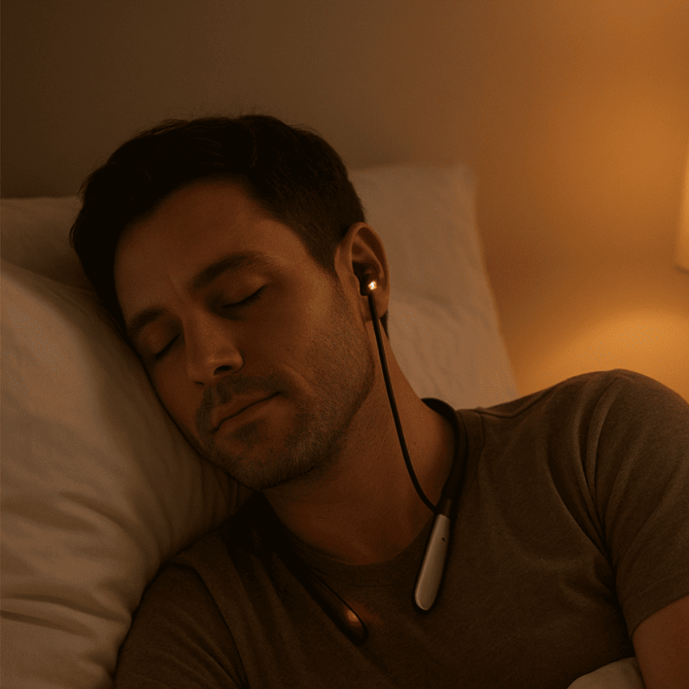 Man sleeping with earbuds in a dimly lit room