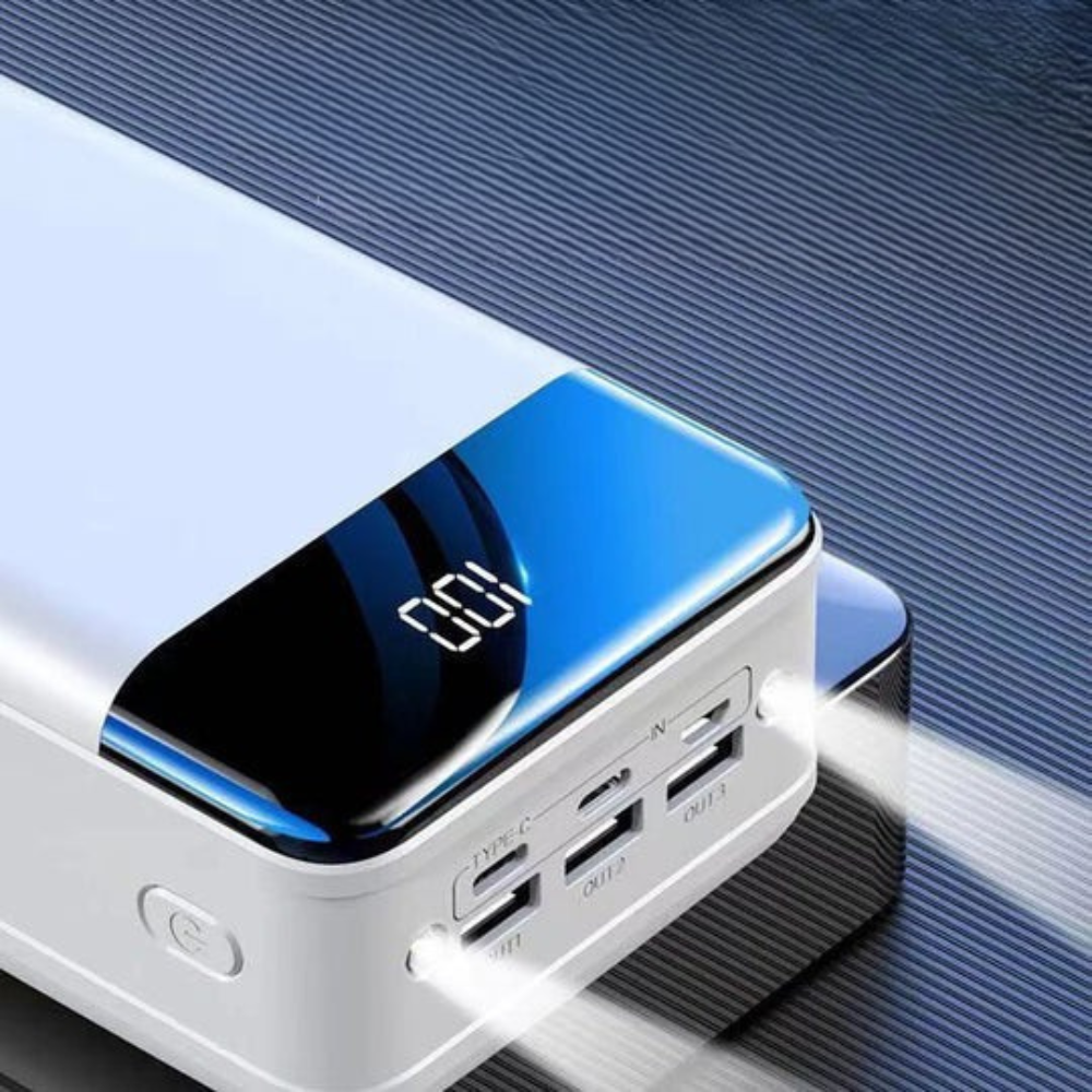 Power bank with multiple USB ports on a blue textured background