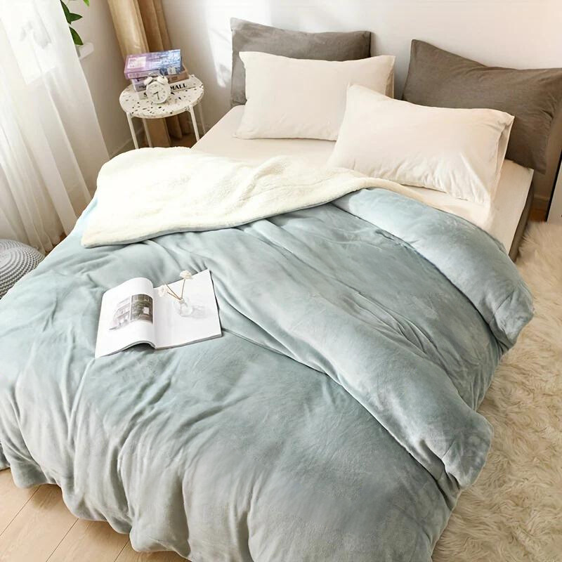 Bed with light gray comforter and pillows in a bedroom setting
