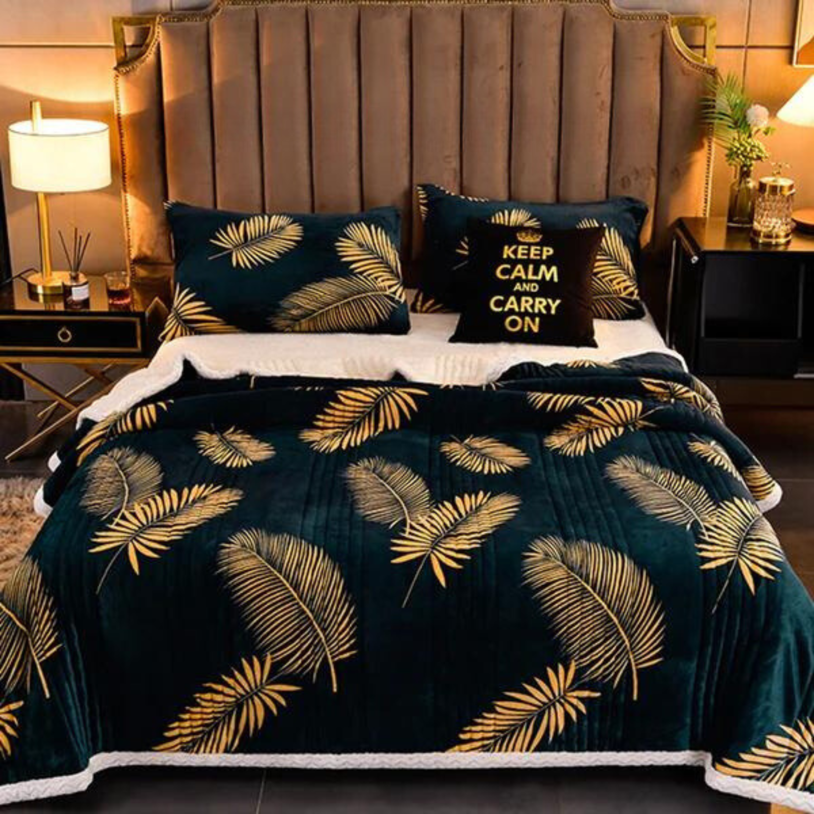 Bed with decorative pillows and a leaf-patterned comforter in a bedroom setting.