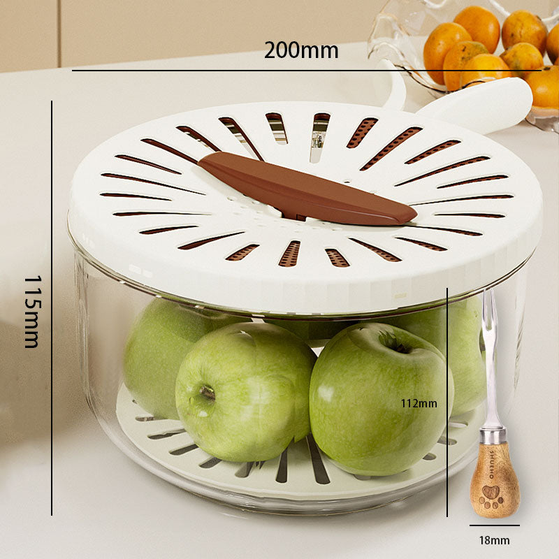 White kitchen tool with green apples inside, measurements indicated, on a white background