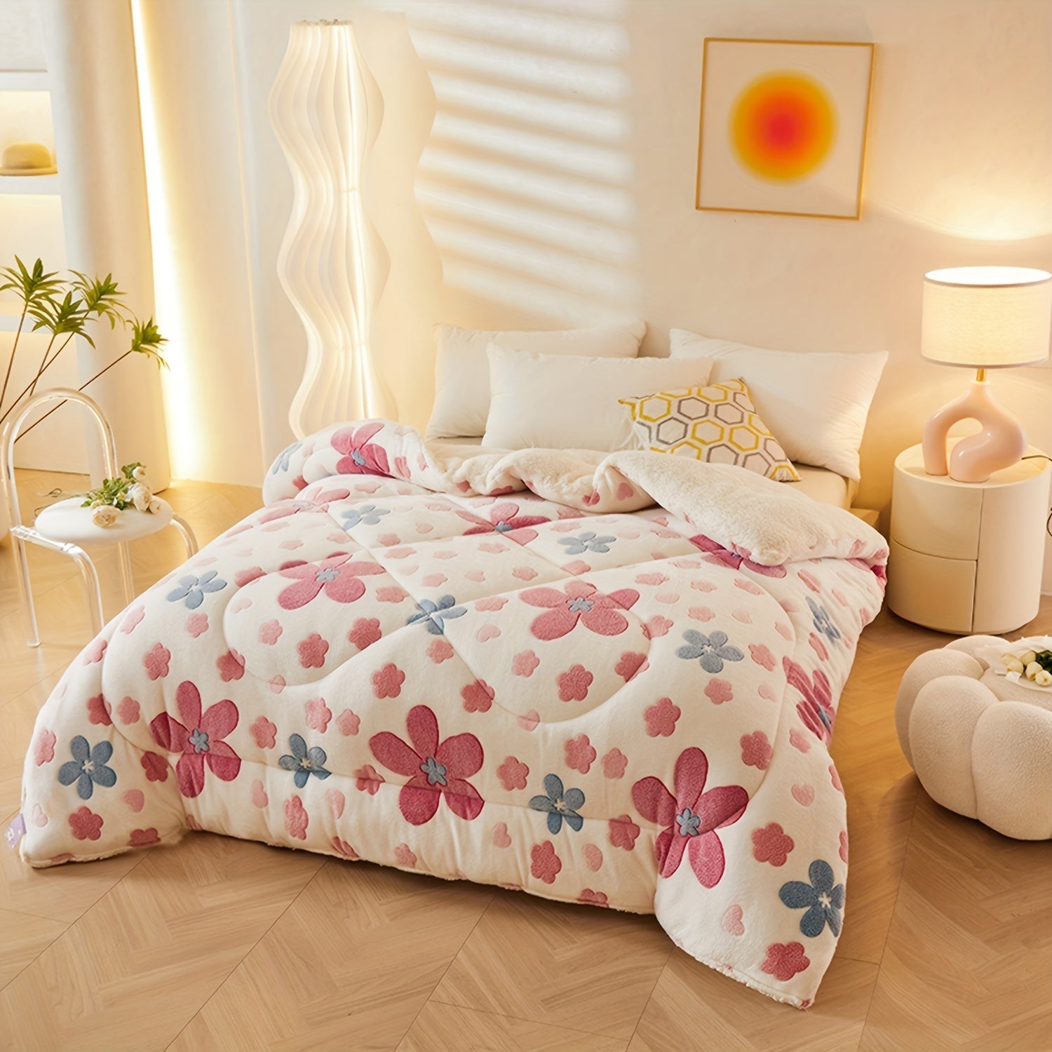 Floral comforter on a bed in a well-lit bedroom with decor elements.