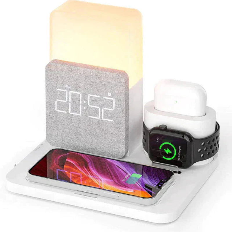 4-in-1 Fast Wireless Charger Station with Alarm Clock and Adjustable Lamp – Multi-Device Charging for iPhone and Samsung Devices 1