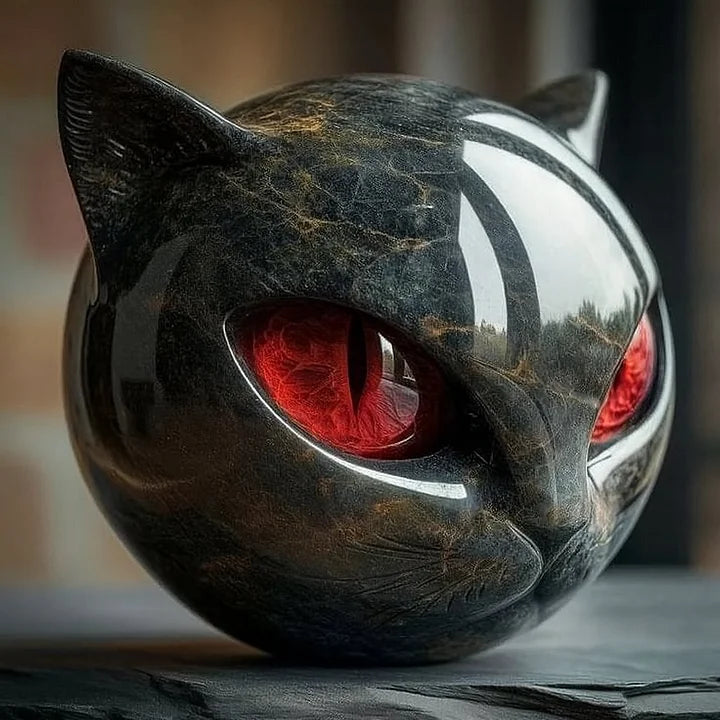 Black marble cat sculpture with red eyes on a dark surface