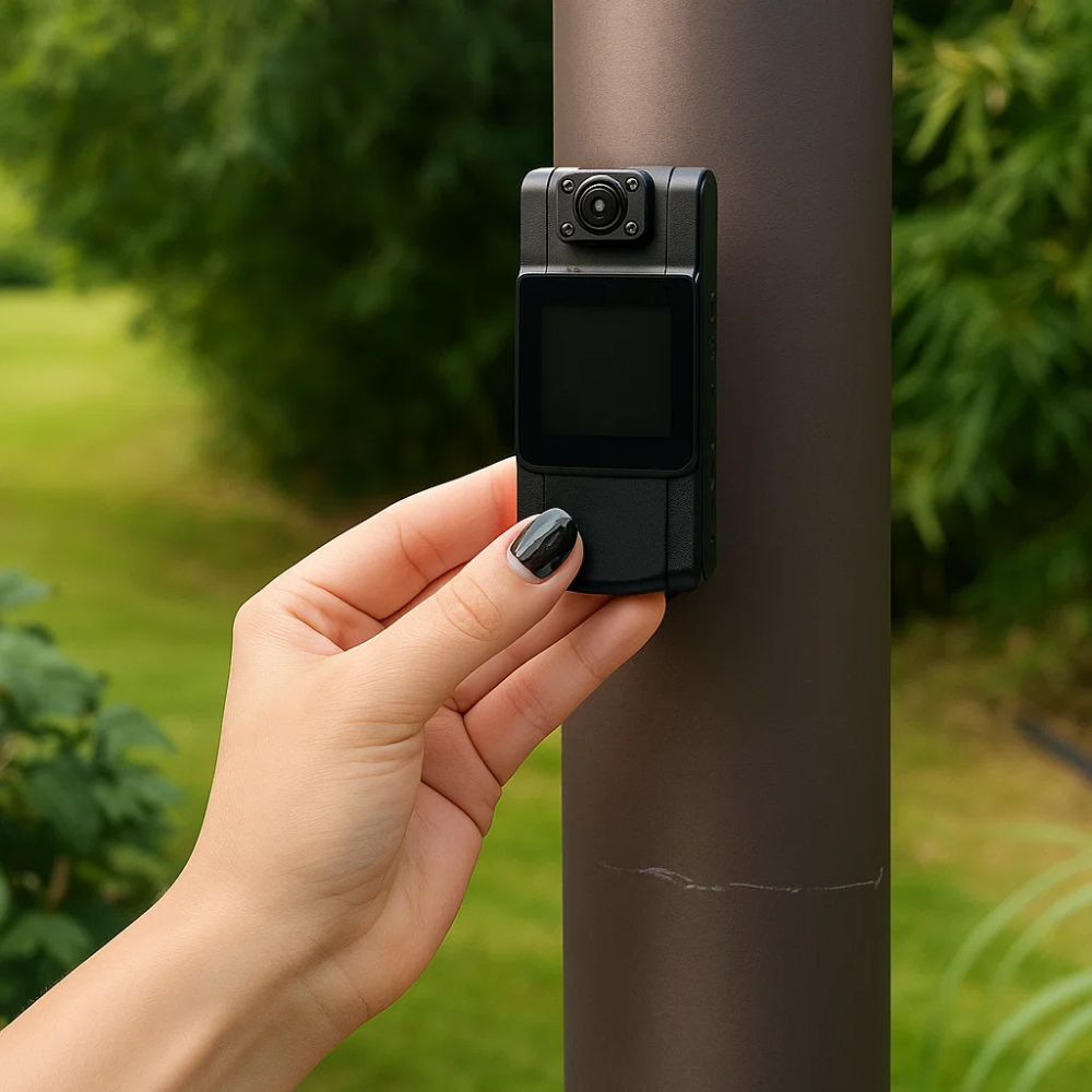 Hand installing a security camera on a pole outdoors