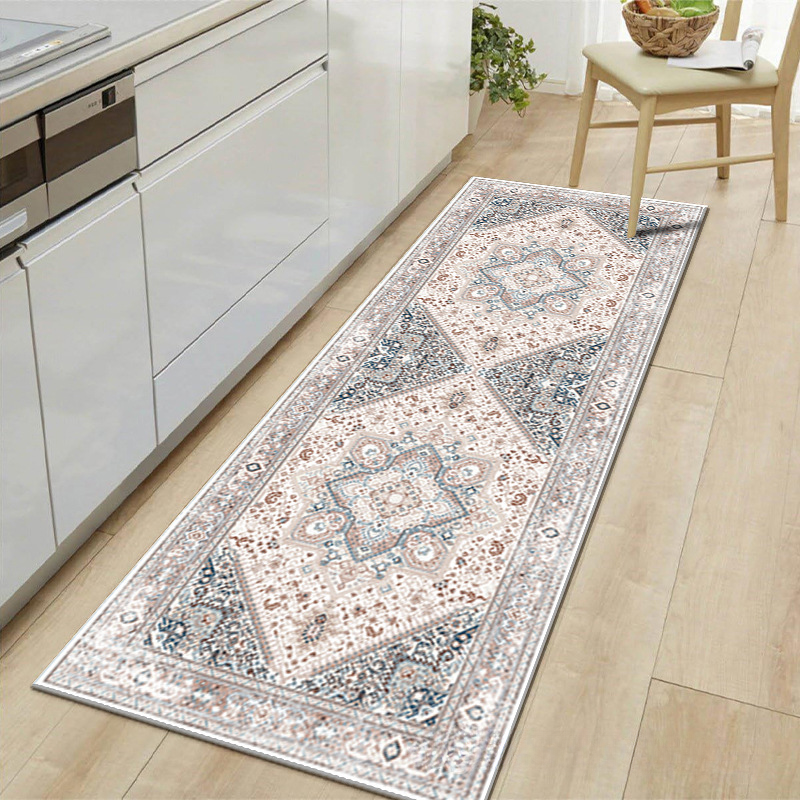 Decorative runner rug on a wooden floor in a kitchen setting