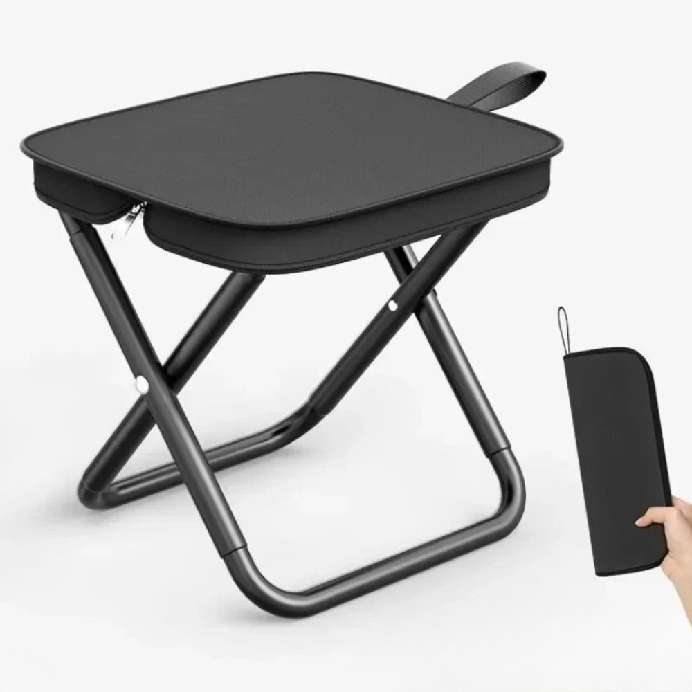Black folding stool with carrying case on a white background