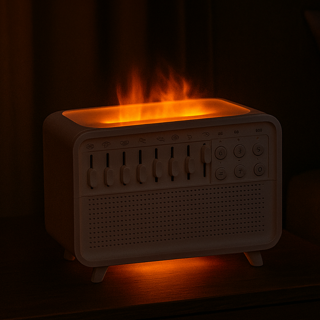 Vintage-style radio with glowing interior in a dark setting