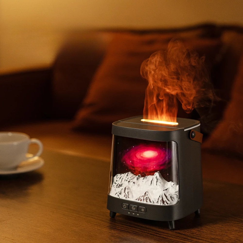 Futuristic lava lamp on a wooden table with a cup and saucer in the background.