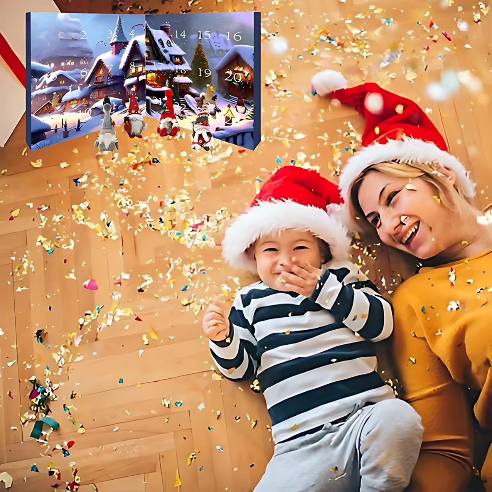 Woman and child wearing Santa hats with confetti, inset showing a Christmas-themed calendar.