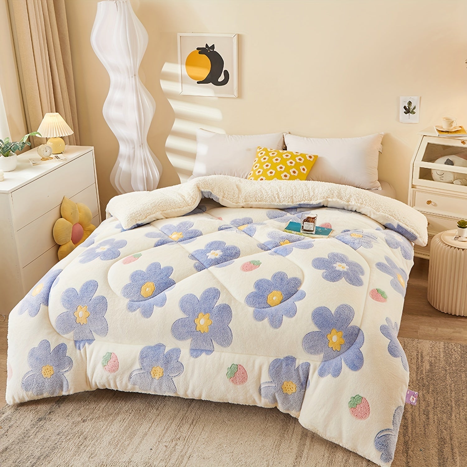 Floral patterned comforter on a bed in a bedroom setting