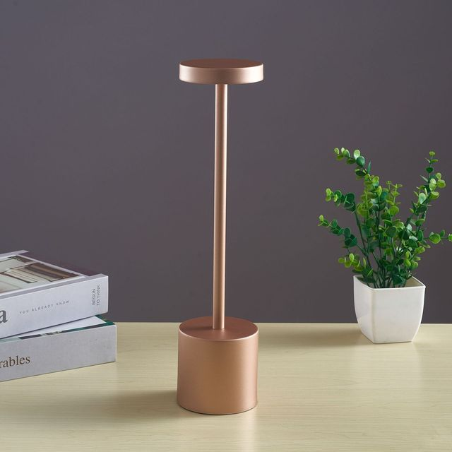 Copper-colored lamp on a wooden surface with books and a plant in the background