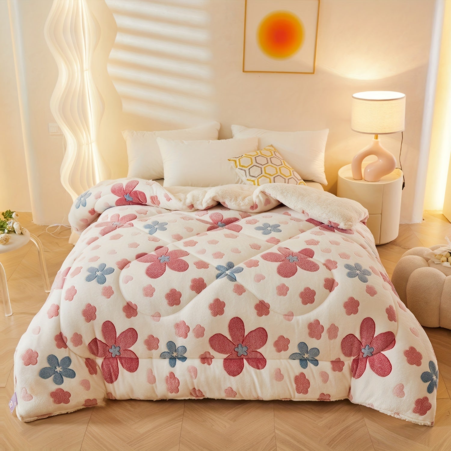 Floral patterned comforter on a bed in a bedroom setting