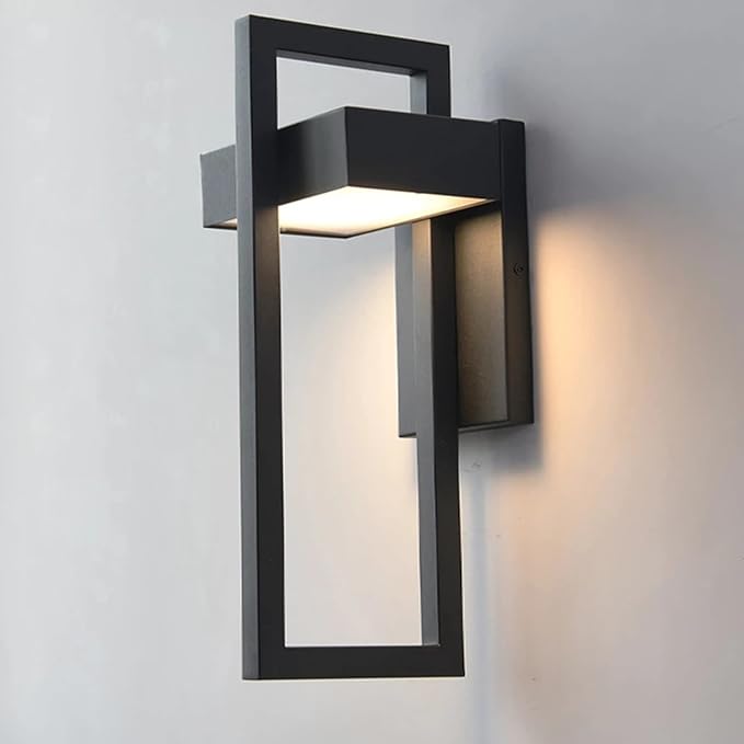 Modern black wall-mounted outdoor light fixture on a gray background