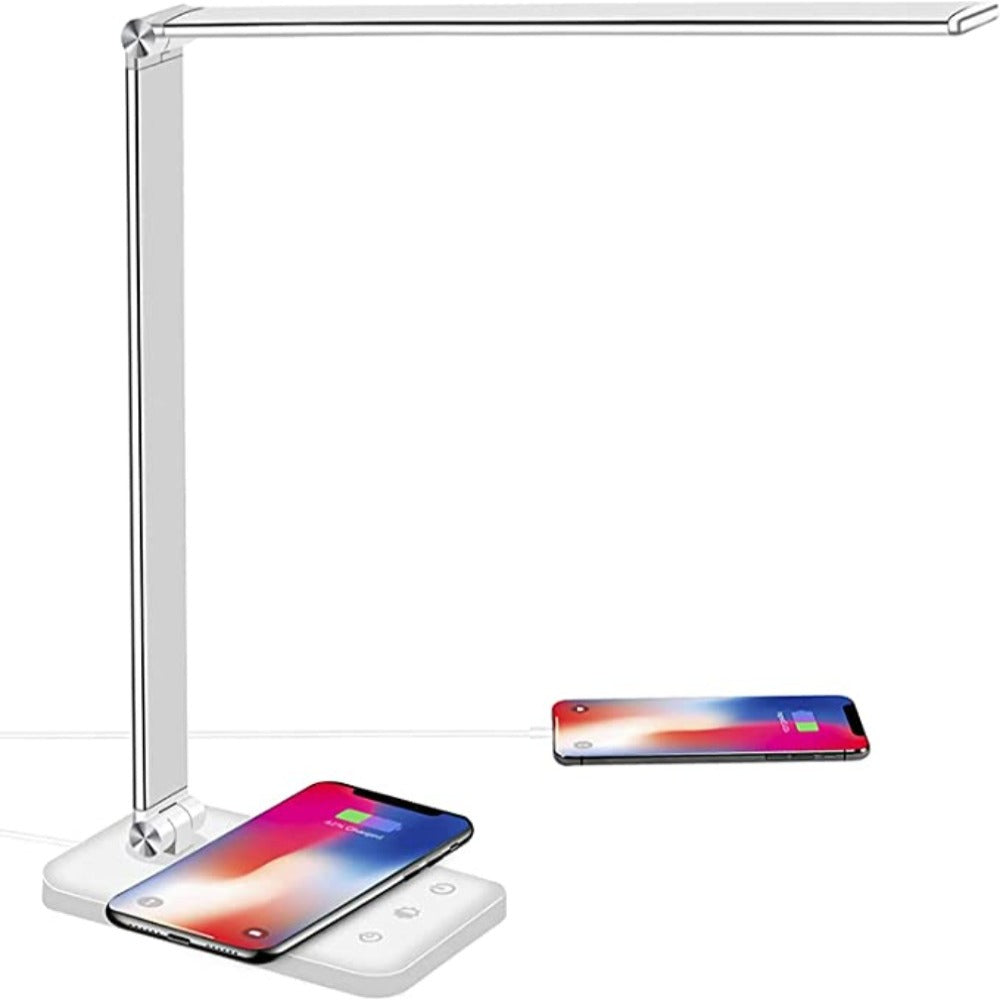 Table lamp with wireless charging pad on a white background