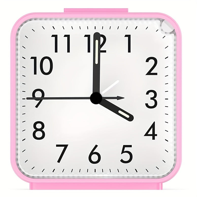 Square clock with pink frame and white face displaying the time.