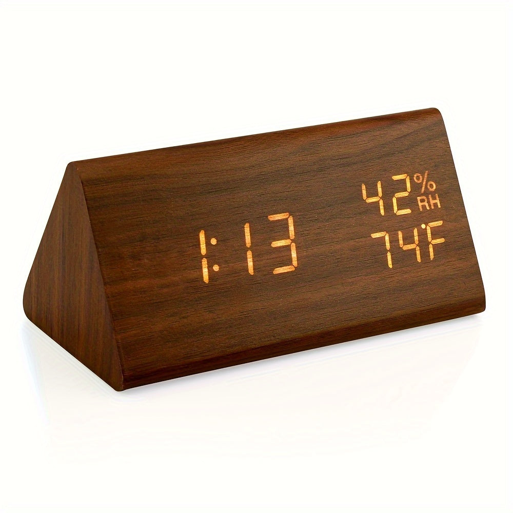 Wooden triangle-shaped clock with digital display on a white background