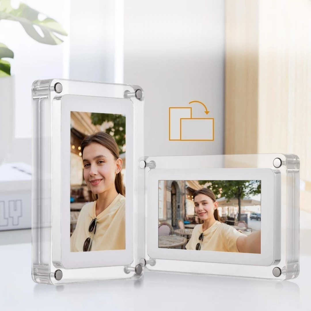 Clear photo frame displaying a woman's portrait with a blurred background