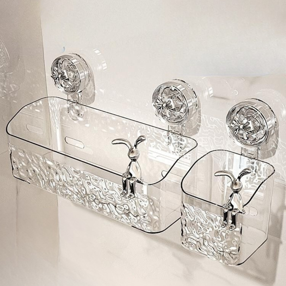 Clear shower caddy with crystal-like design and decorative hooks on a white background