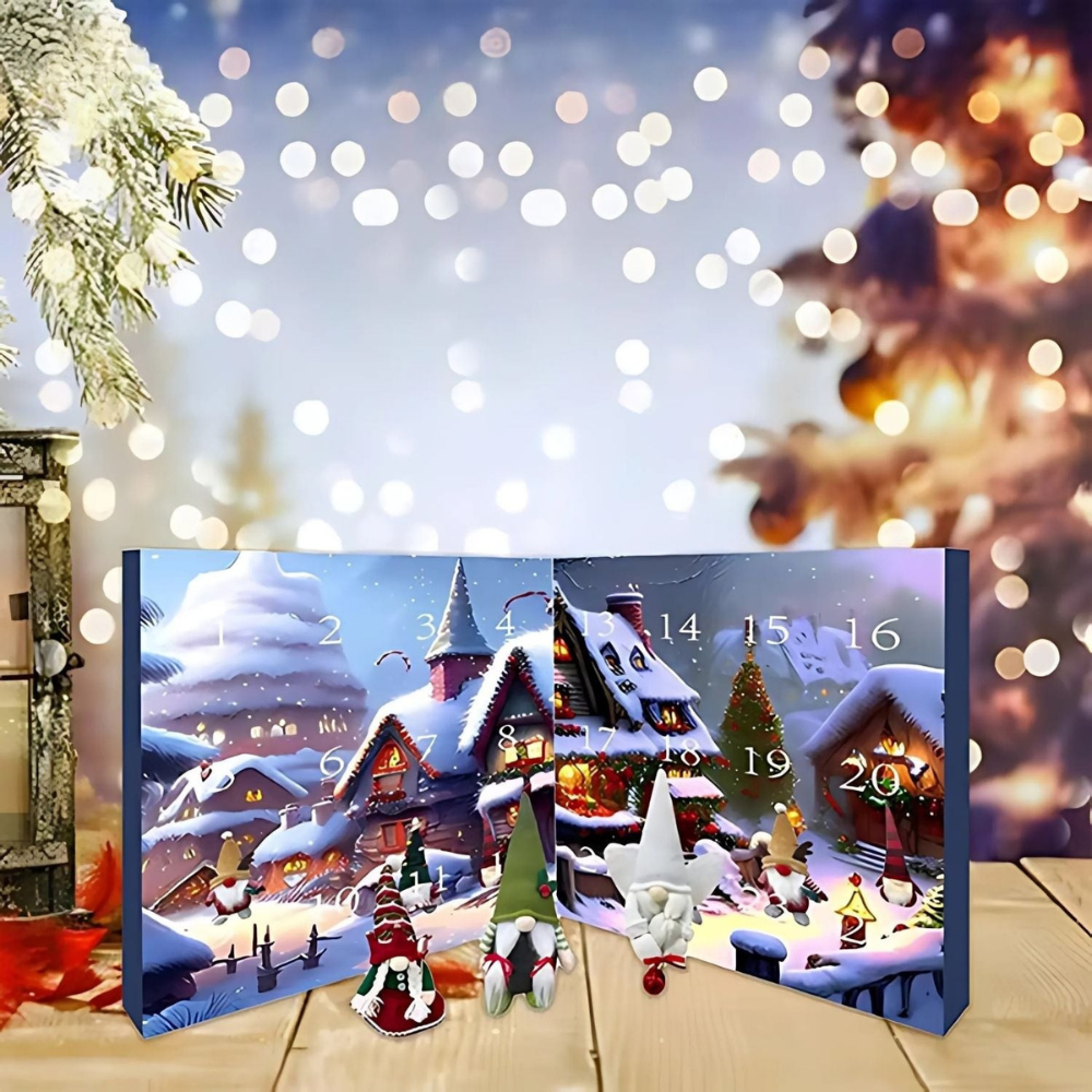 Advent calendar with a snowy village scene on a wooden surface, surrounded by festive decorations.