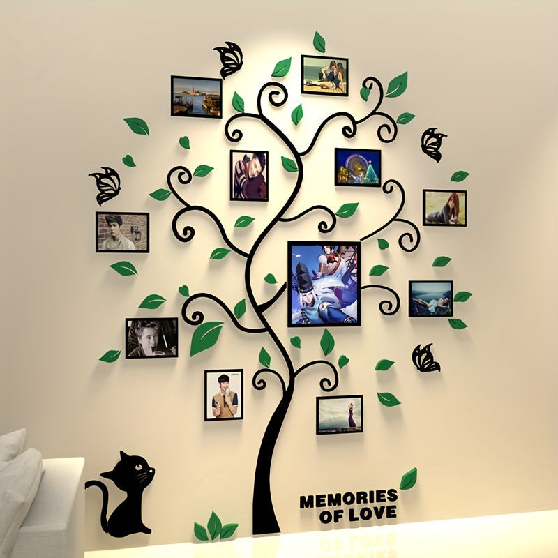 Wall decal of a black tree with photo frames and 'Memories of Love' text on a beige wall.