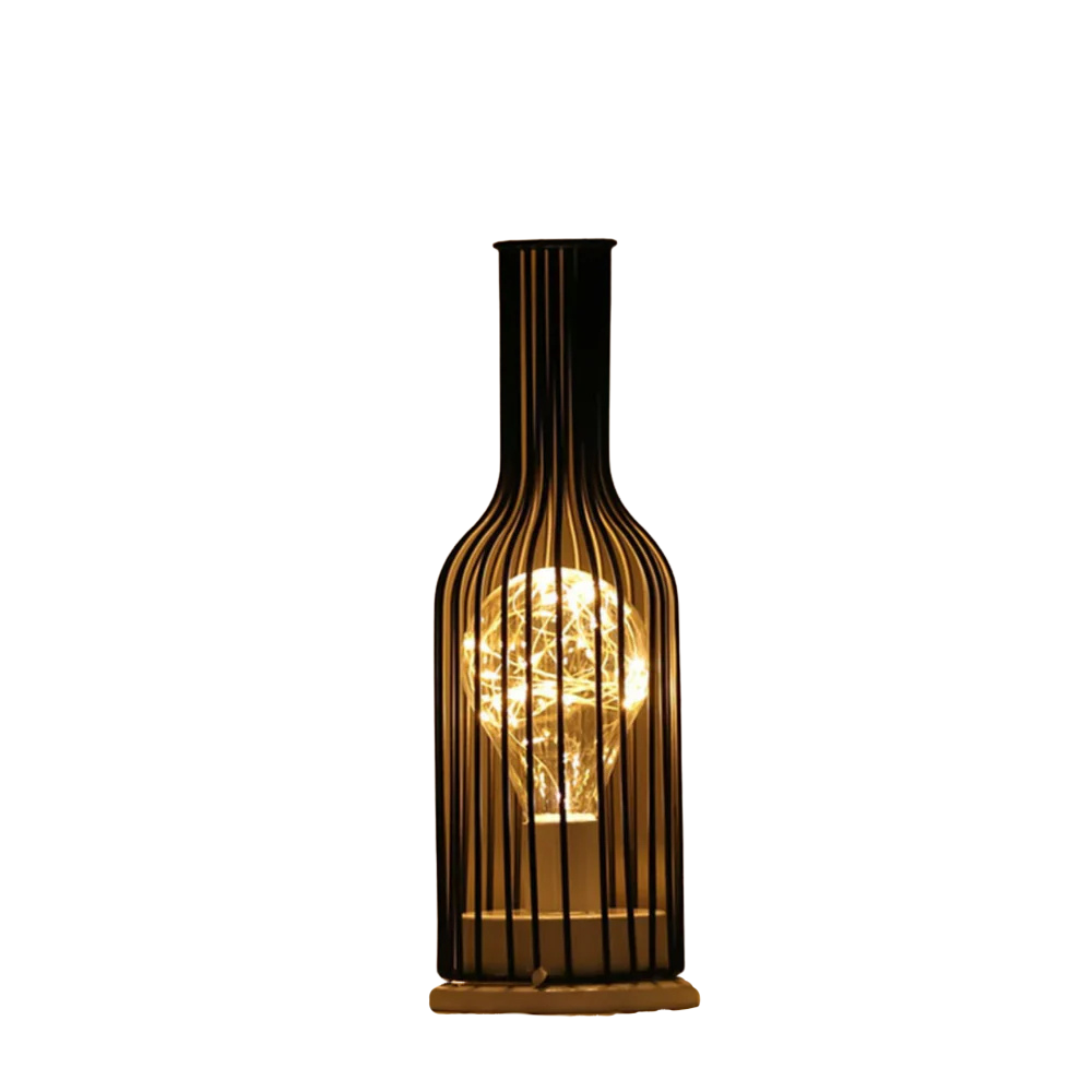 Decorative lamp made from a repurposed wine bottle on a white background