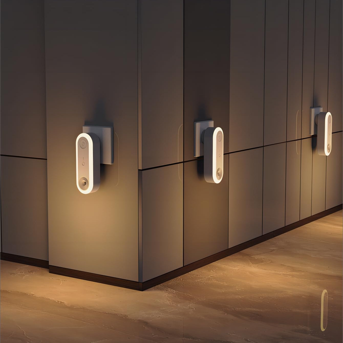 Modern lockers with digital locks in a dimly lit room