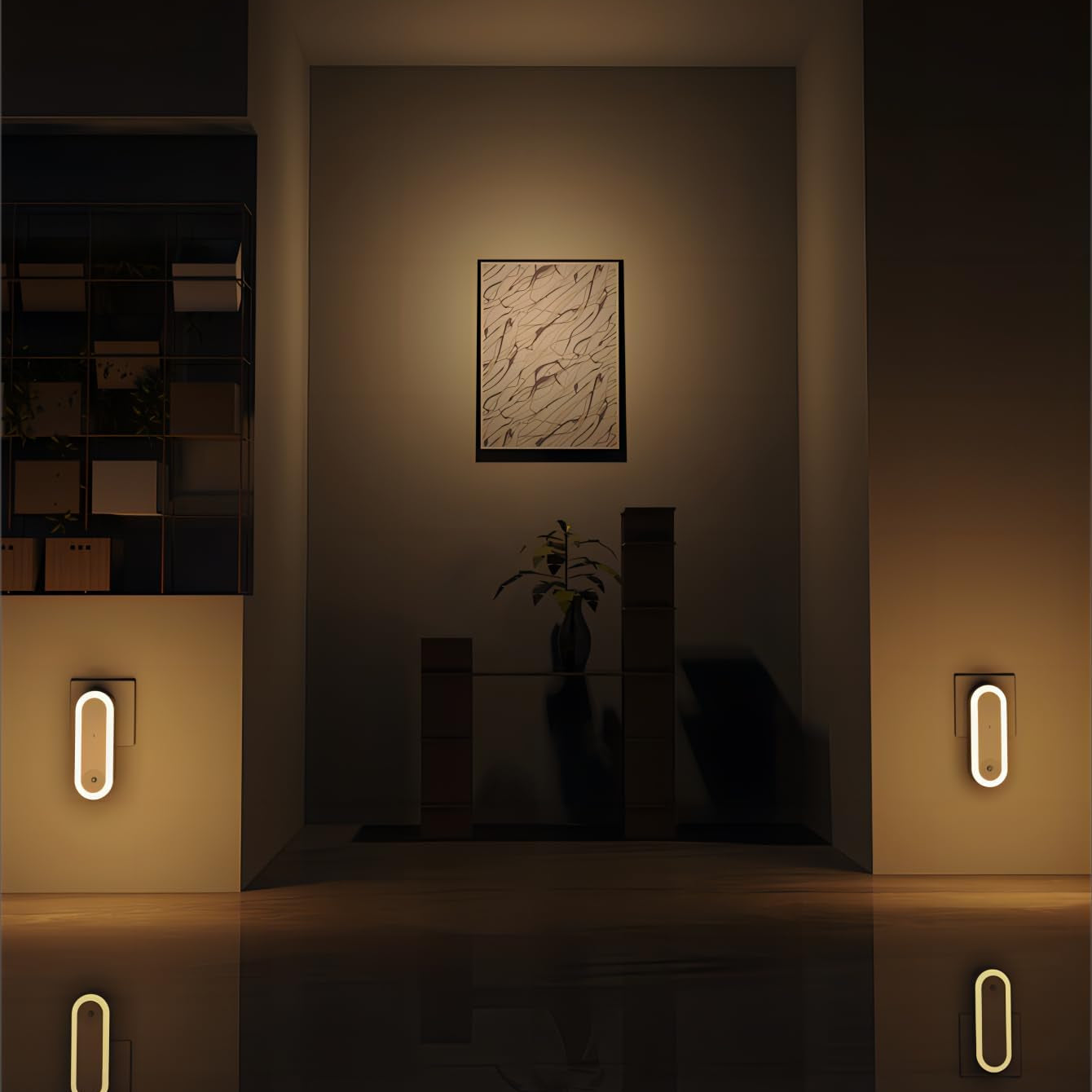 Modern interior with wall lights and a painting in a dimly lit room