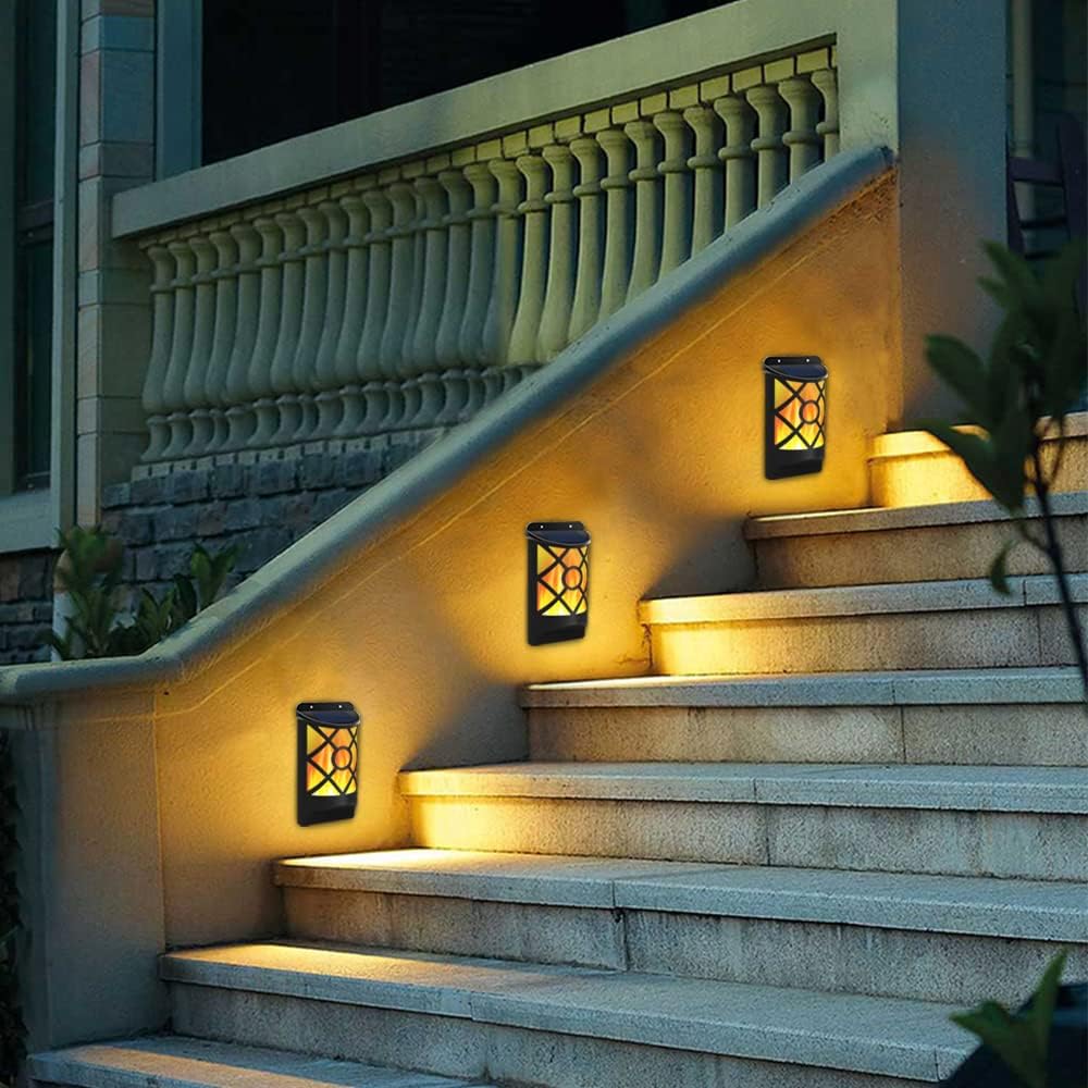 Solar-powered outdoor lights illuminating a set of stairs.