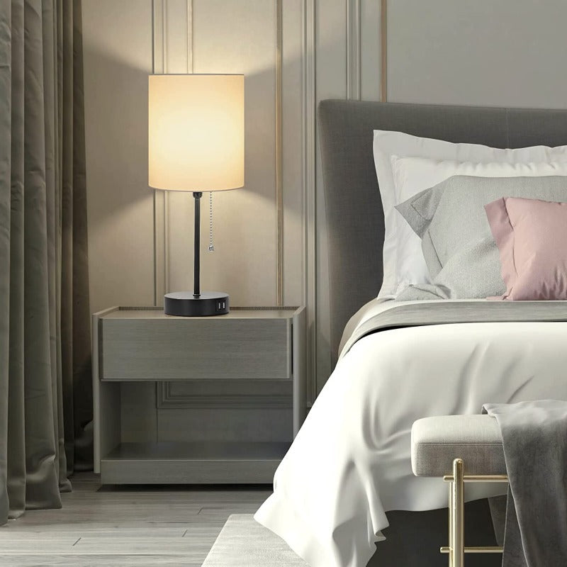 Set of 2 Table Lamps with USB Ports – Modern Gray Bedside Lamps with AC Outlet & Pull Switch