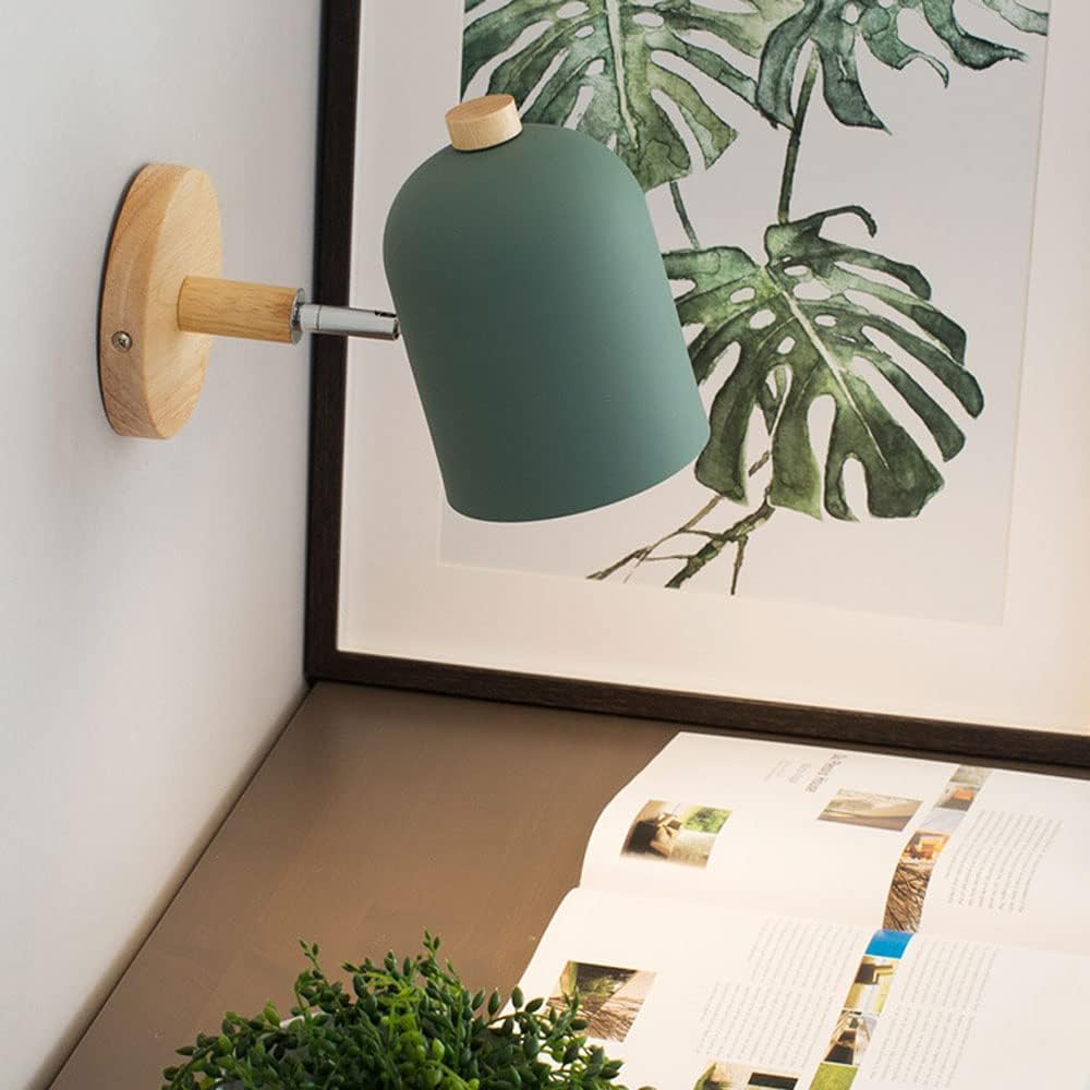 Green wall lamp with wooden fixture next to a framed plant print on a wall.