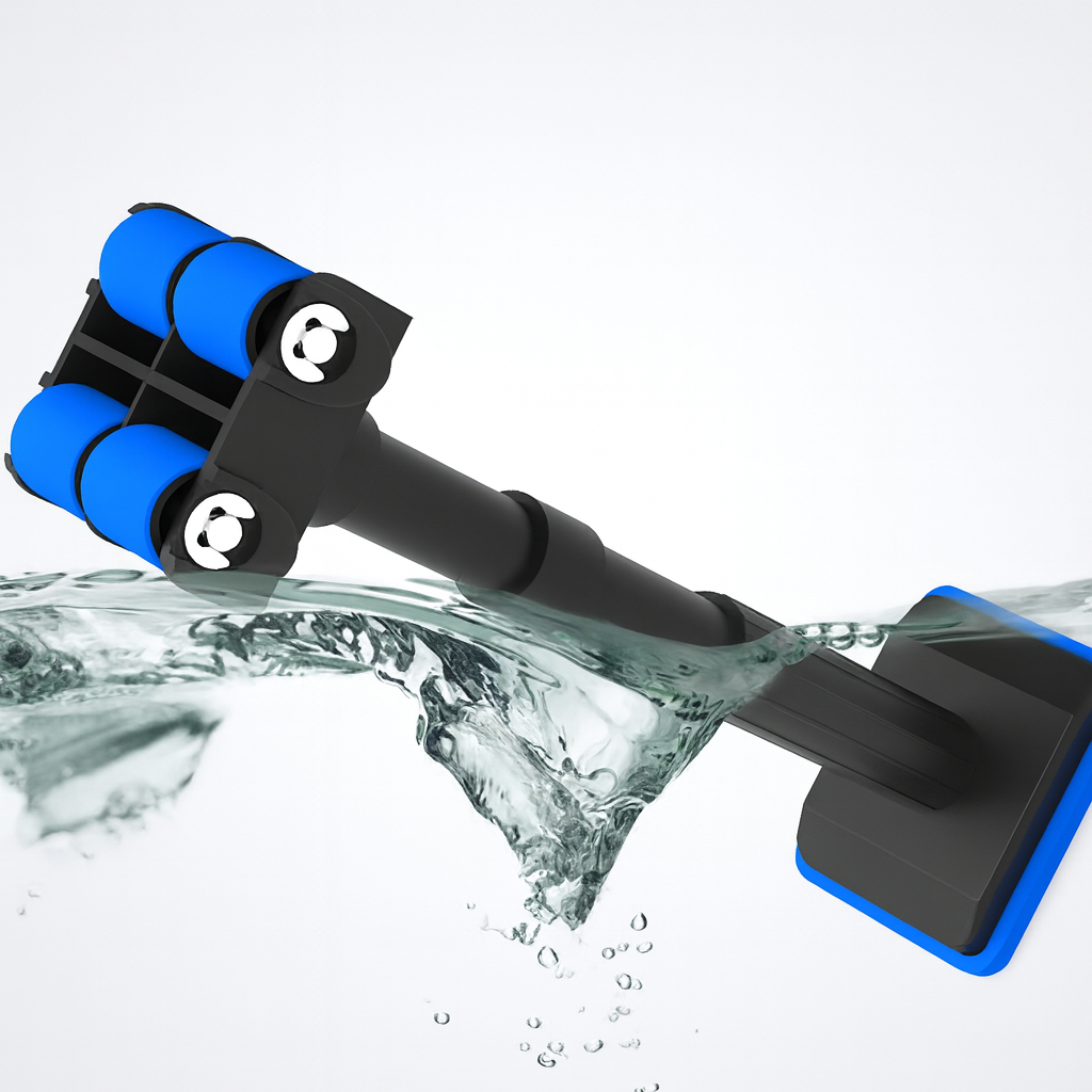 Cleaning tool with blue and black design, splashing water on a white background