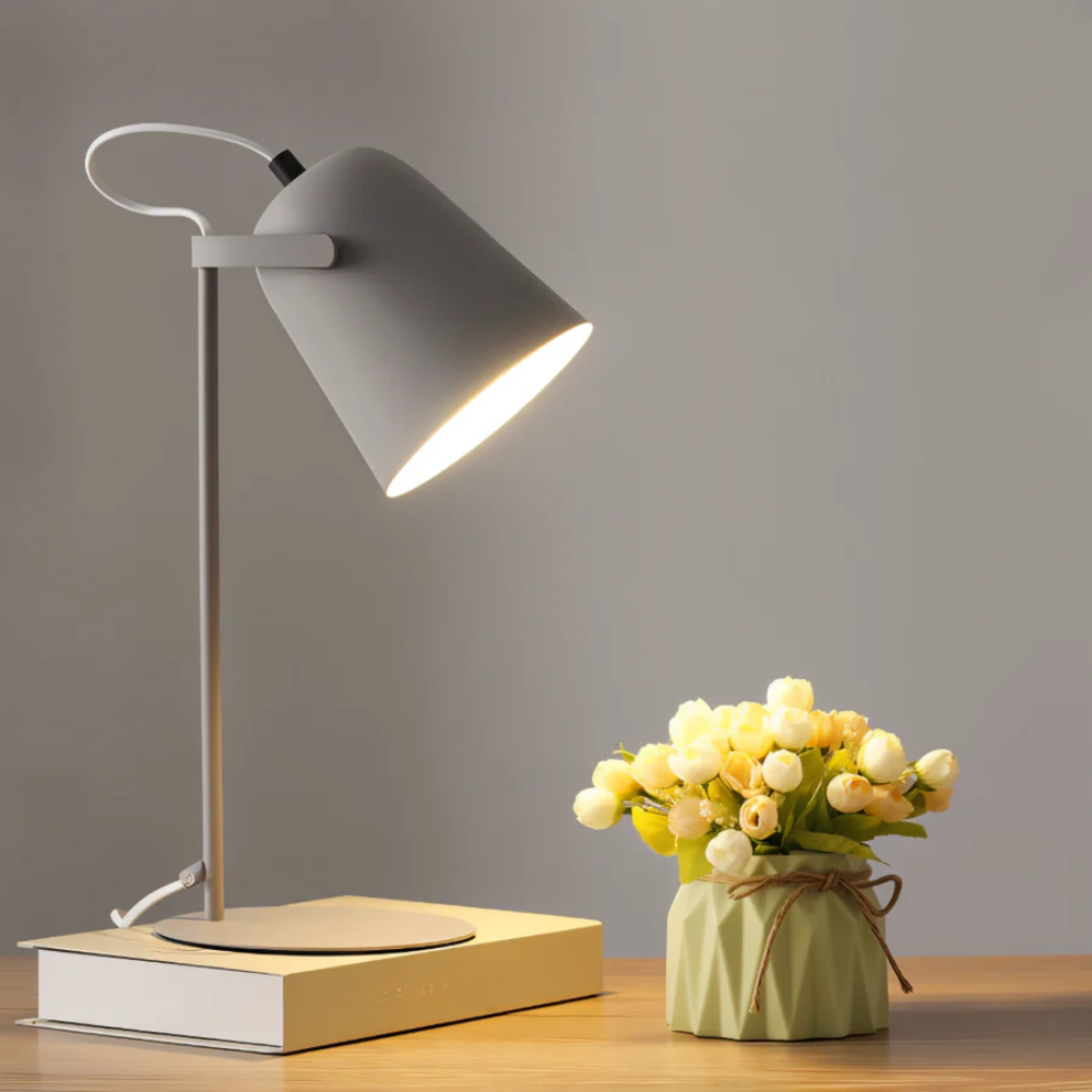 Gray desk lamp on a wooden surface with a small potted plant.