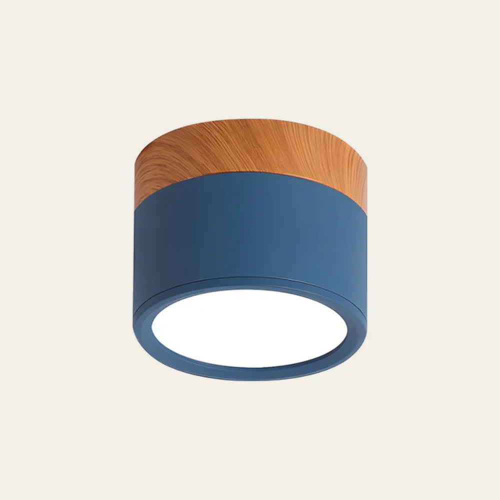 Ceiling light fixture with blue body and wooden top on a white background