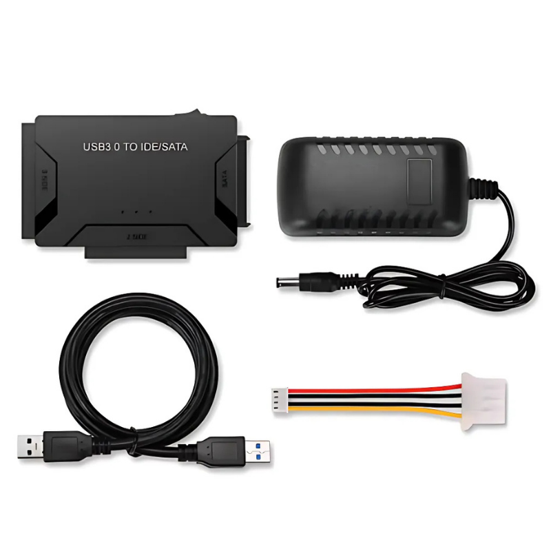 Collection of computer hardware components including a USB3.0 to IDE/SATA adapter, power supply with cable, USB cable, and SATA cable on a white background.