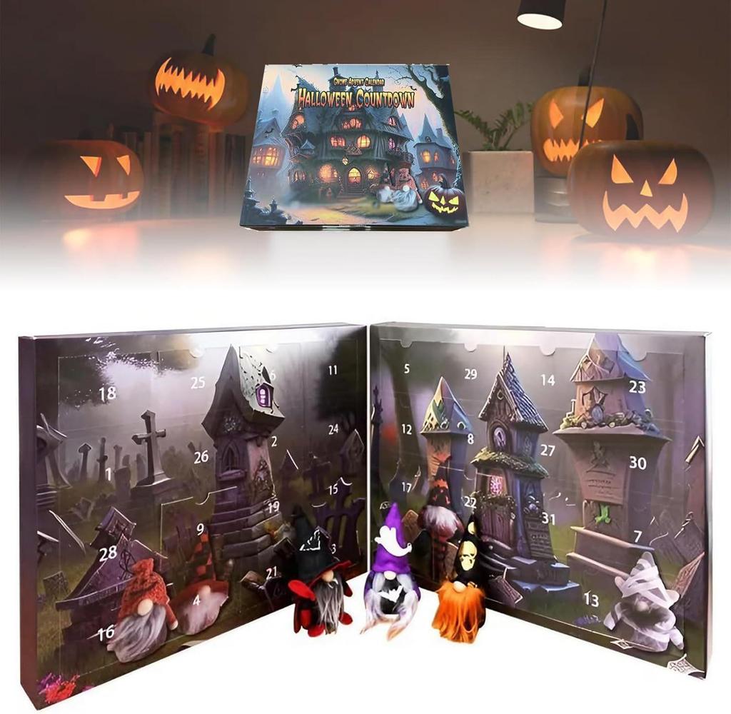 Halloween-themed advent calendar with pumpkins in the background